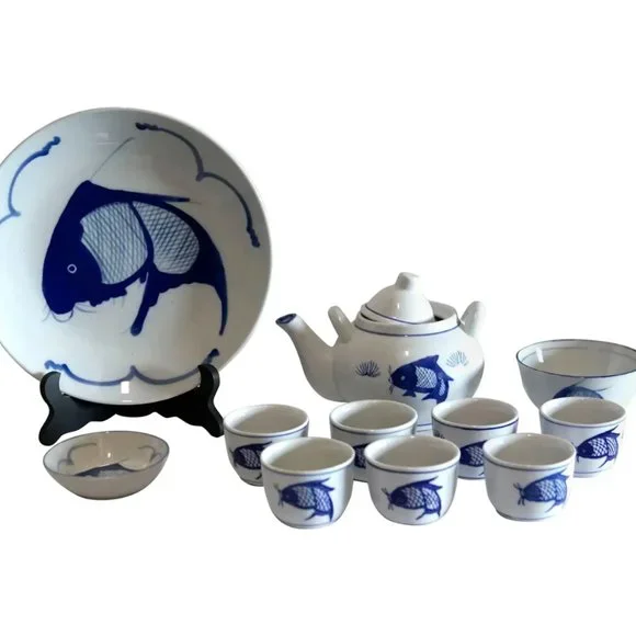 Blue and White Porcelain Carp/Koi Teapot Set with Cups and Serving Plate